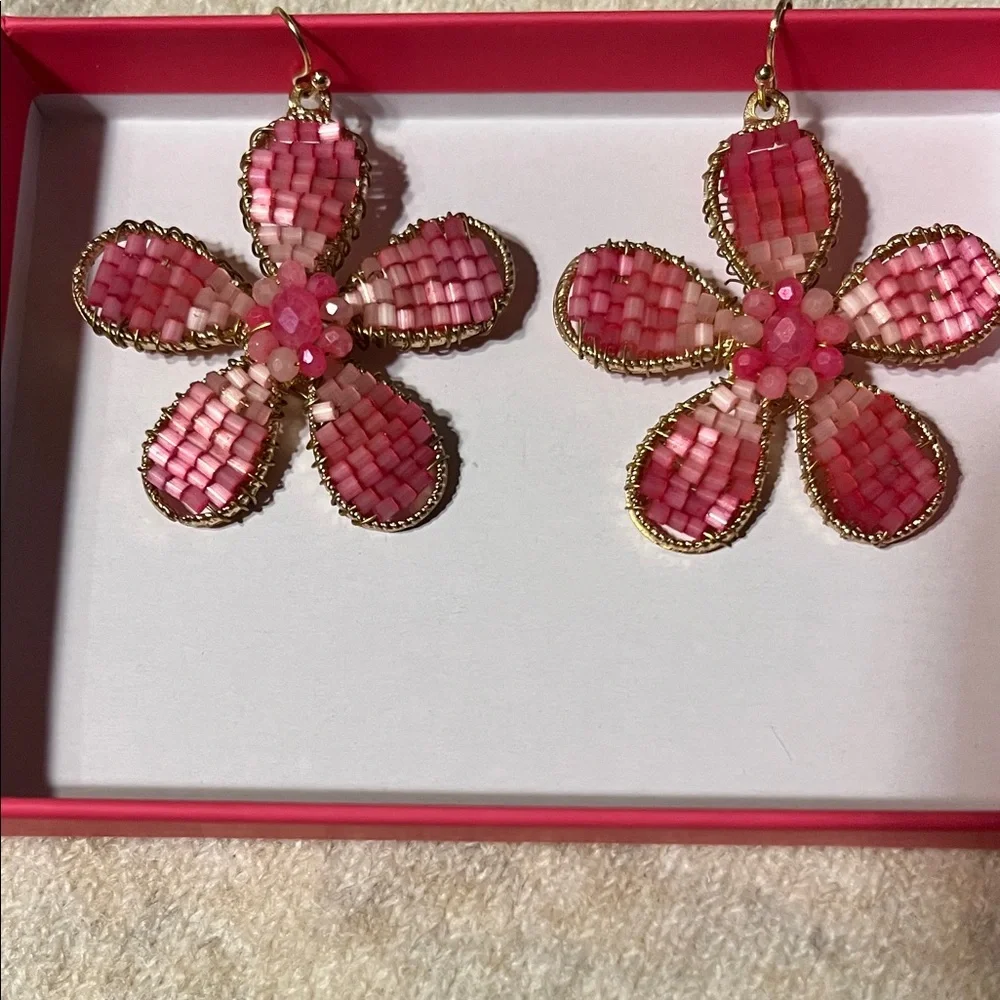 House of Harlow Pink Beaded Flower Earrings - Picture 3 of 4